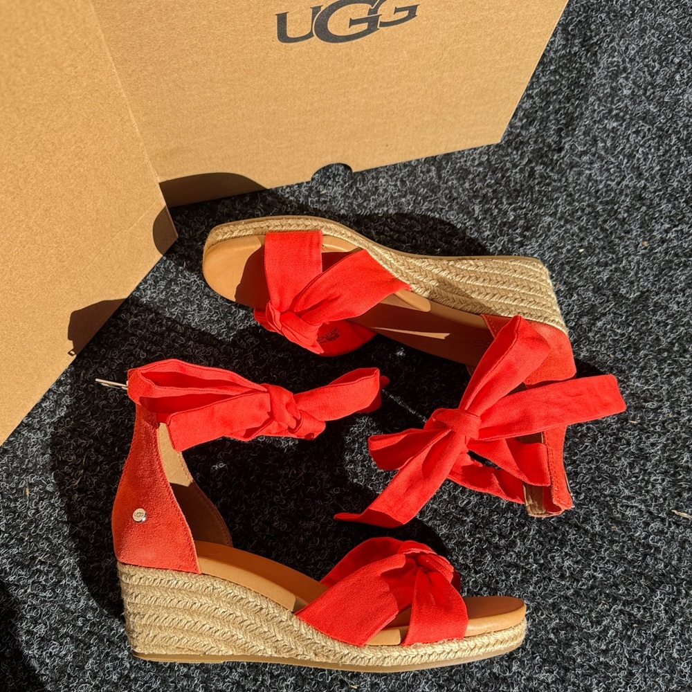 UGG Yarrow Espadrille Wedge Sandal Coral Suede Ankle Tie - Picture 3 of 14